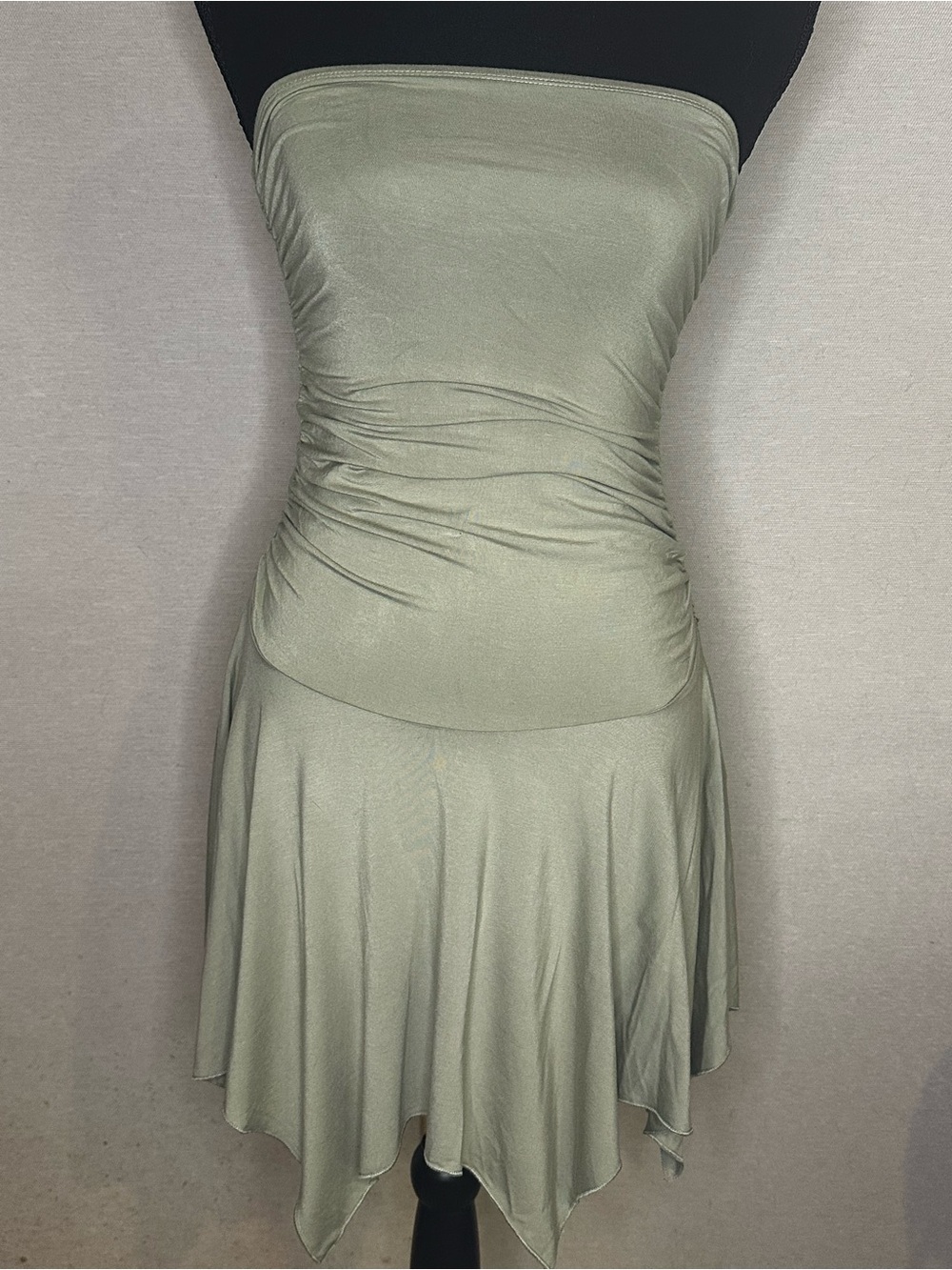 Dolls Kill Strapless Sage Green Ruched Handkerchief Hem Dress